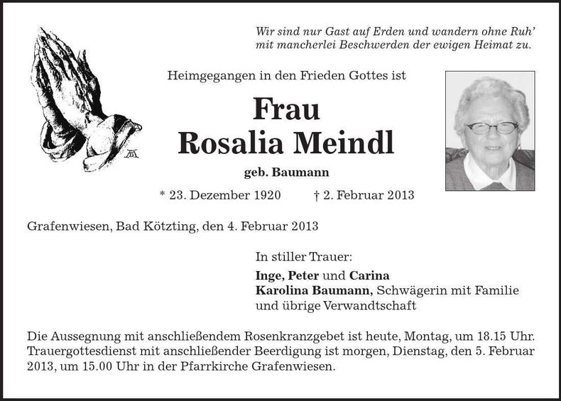 Traueranzeige Rosalia Meindl