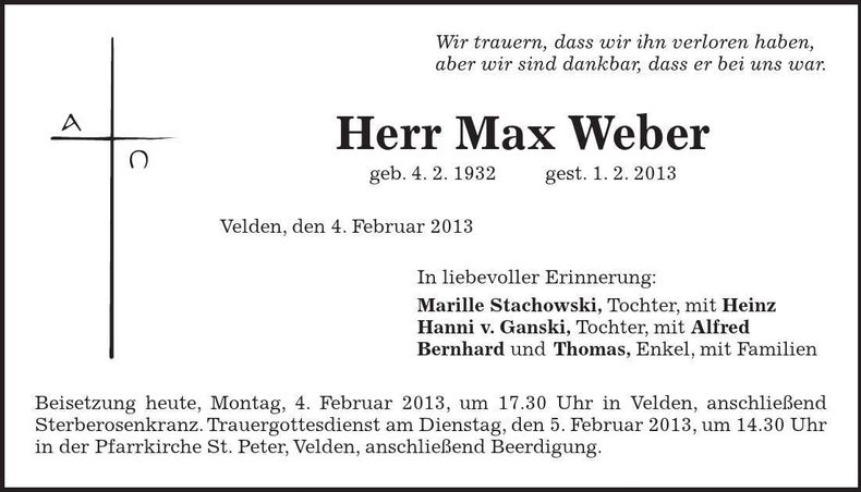 Traueranzeige Max Weber