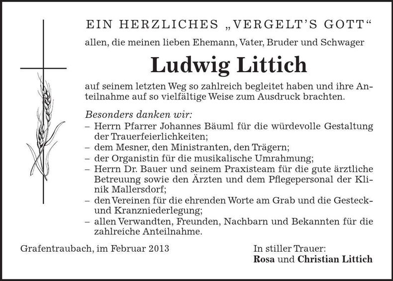 Traueranzeige Ludwig Littich