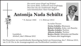Traueranzeige Antonija Nada Schültz