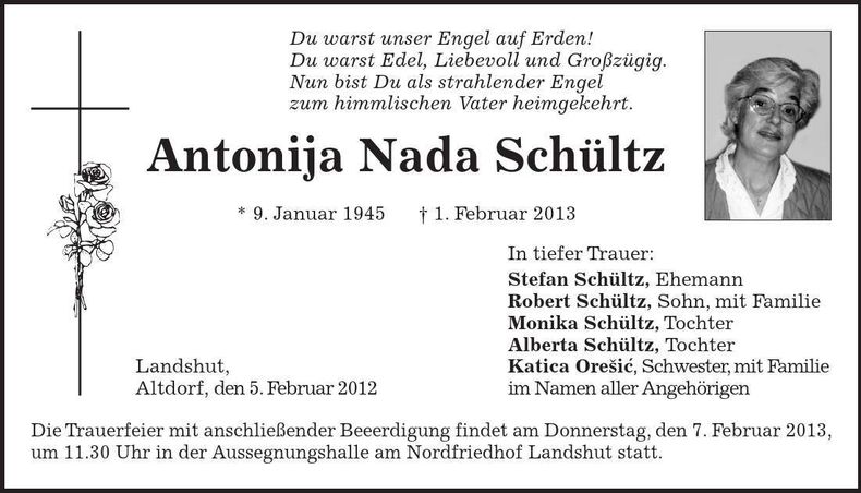 Traueranzeige Antonija Nada Schültz