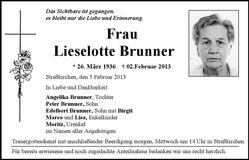 Traueranzeige Lieselotte Brunner
