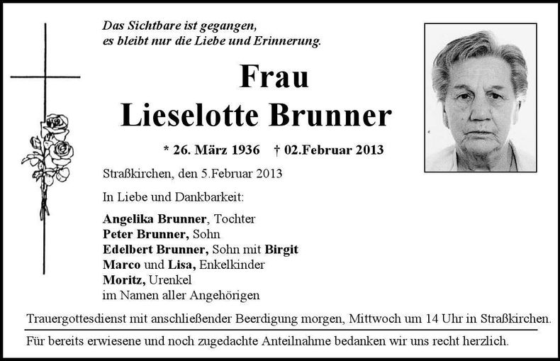 Traueranzeige Lieselotte Brunner