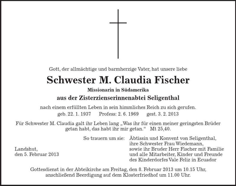 Traueranzeige Claudia Fischer