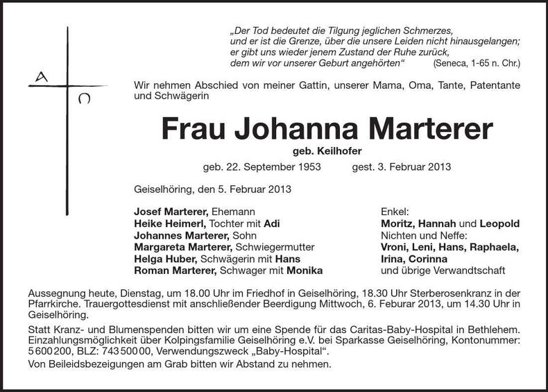 Traueranzeige Johanna Marterer