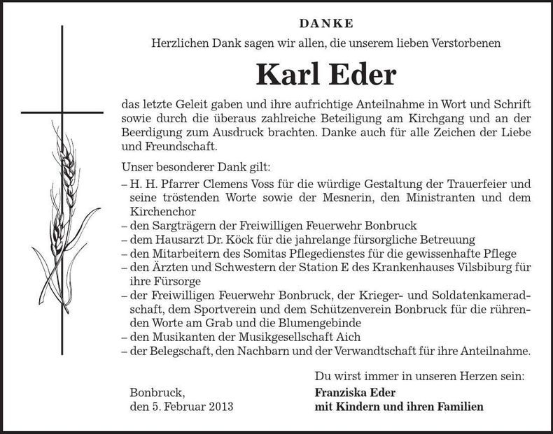 Traueranzeige Karl Eder