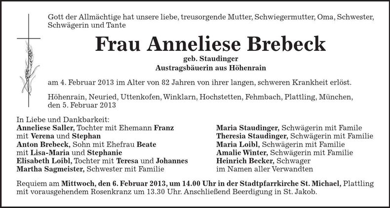 Traueranzeige Anneliese Brebeck