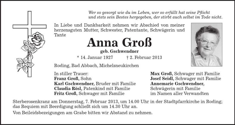 Traueranzeige Anna Groß