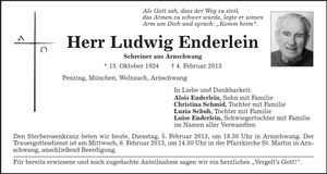 Traueranzeige Ludwig Enderlein