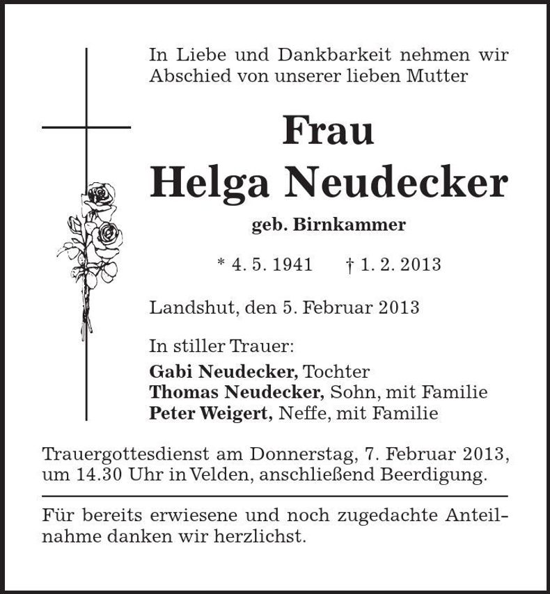 Traueranzeige Helga Neudecker