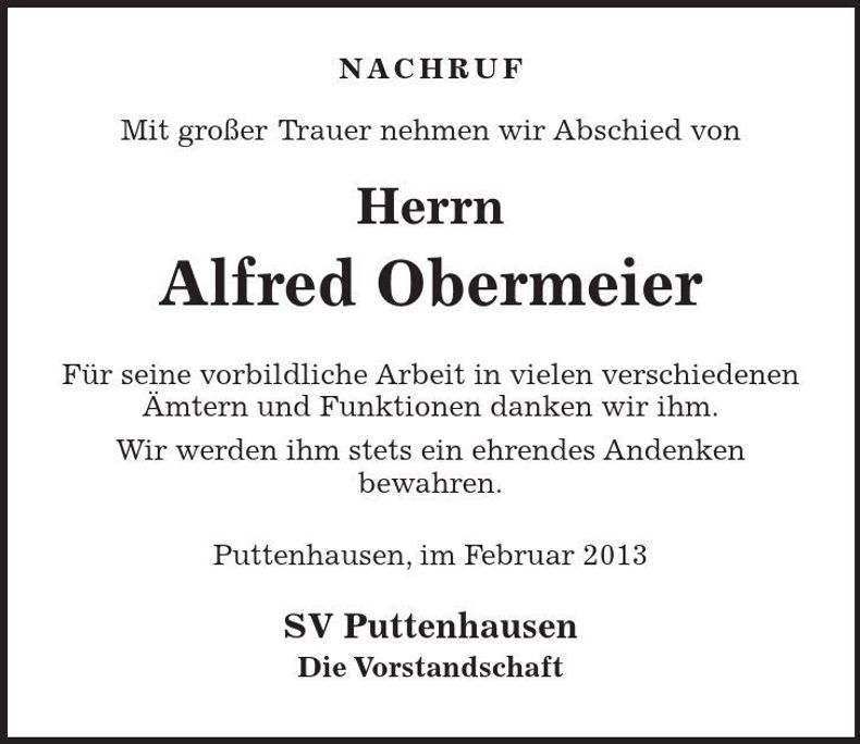 Traueranzeige Alfred Obermeier