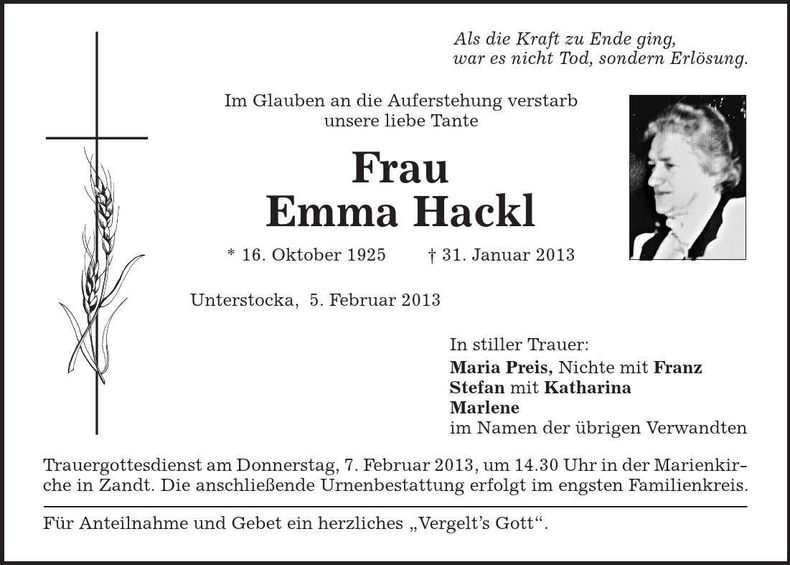 Traueranzeige Emma Hackl