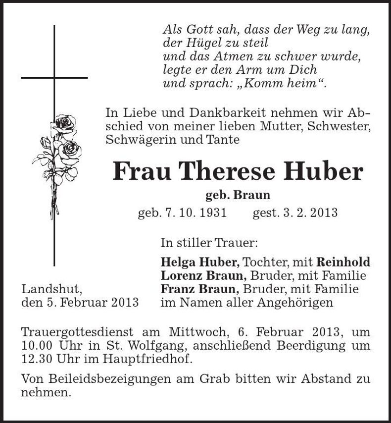 Traueranzeige Therese Huber
