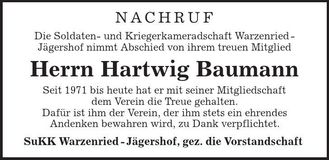 Traueranzeige Hartwig Baumann