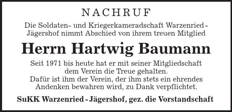 Traueranzeige Hartwig Baumann