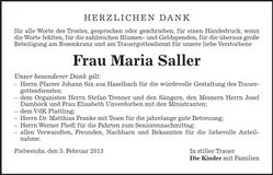 Traueranzeige Maria Saller