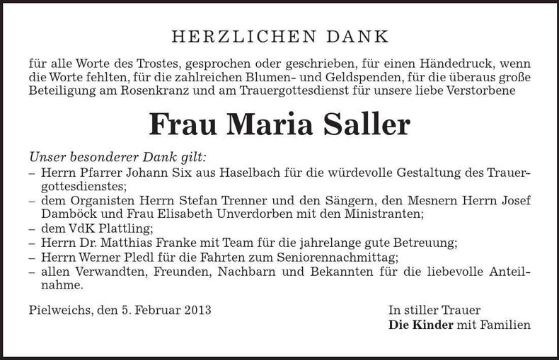 Traueranzeige Maria Saller