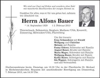 Traueranzeige Alfons Bauer