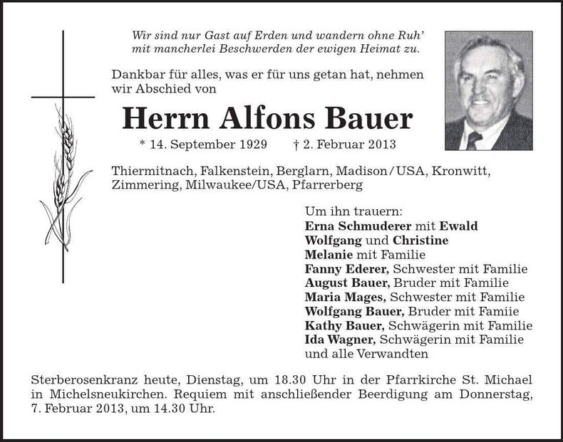 Traueranzeige Alfons Bauer