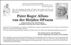 Traueranzeige Pater Roger Alfons van der Heijeden OPraem