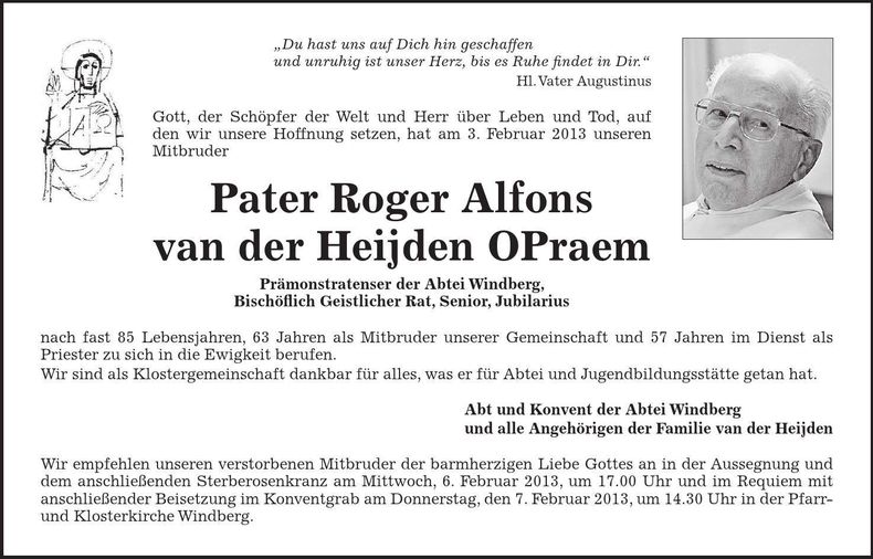 Traueranzeige Pater Roger Alfons van der Heijeden OPraem