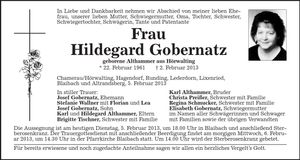 Traueranzeige Hildegard Gobernatz