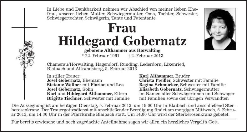 Traueranzeige Hildegard Gobernatz