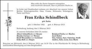 Traueranzeige Erika Schindlbeck