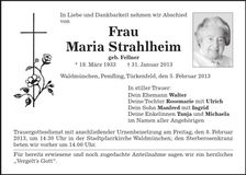 Traueranzeige Maria Strahlheim