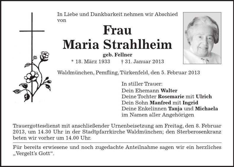Traueranzeige Maria Strahlheim