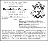 Traueranzeige Brunhilde Zappen