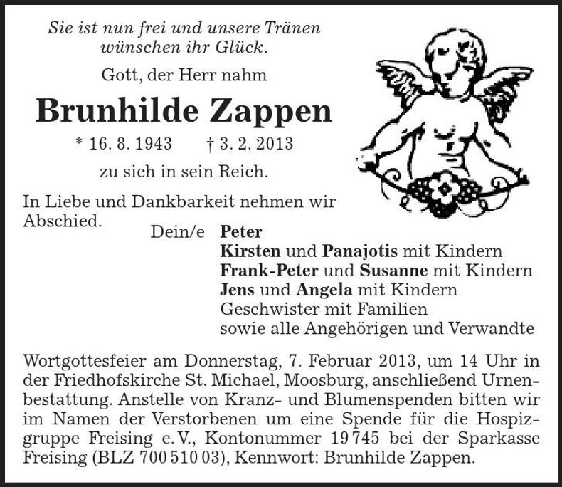 Traueranzeige Brunhilde Zappen