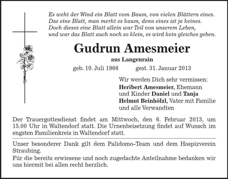 Traueranzeige Gudrun Amesmeier