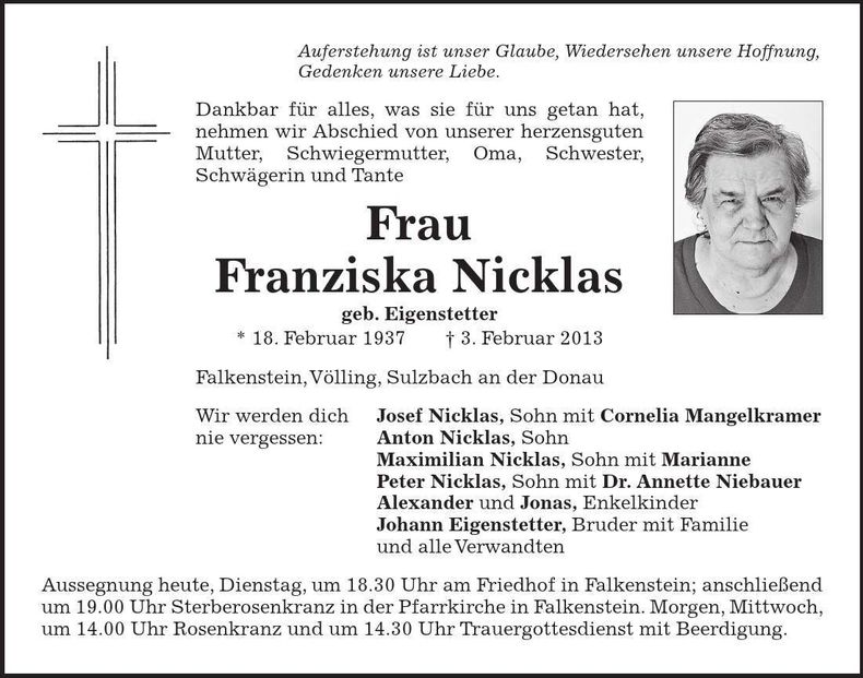 Traueranzeige Franziska Nicklas