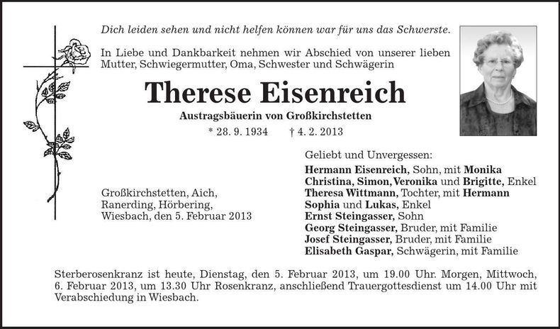 Traueranzeige Therese Eisenreich