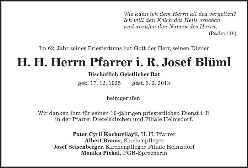 Traueranzeige Josef Blüml