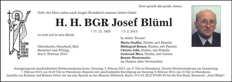 Traueranzeige Josef Blüml
