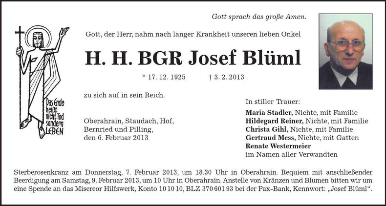 Traueranzeige Josef Blüml