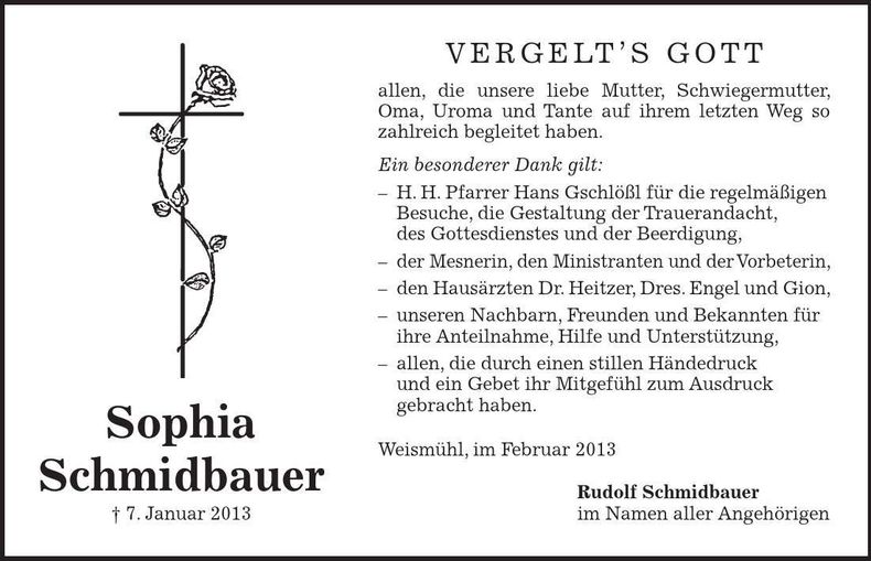 Traueranzeige Sophia Schmidbauer