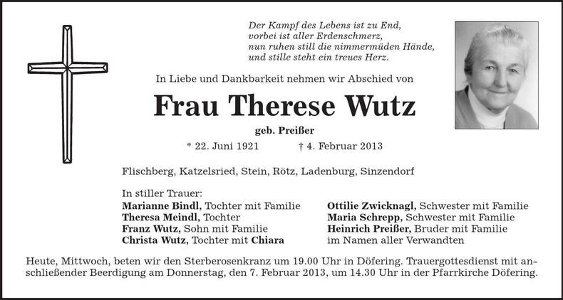 Traueranzeige Therese Wutz