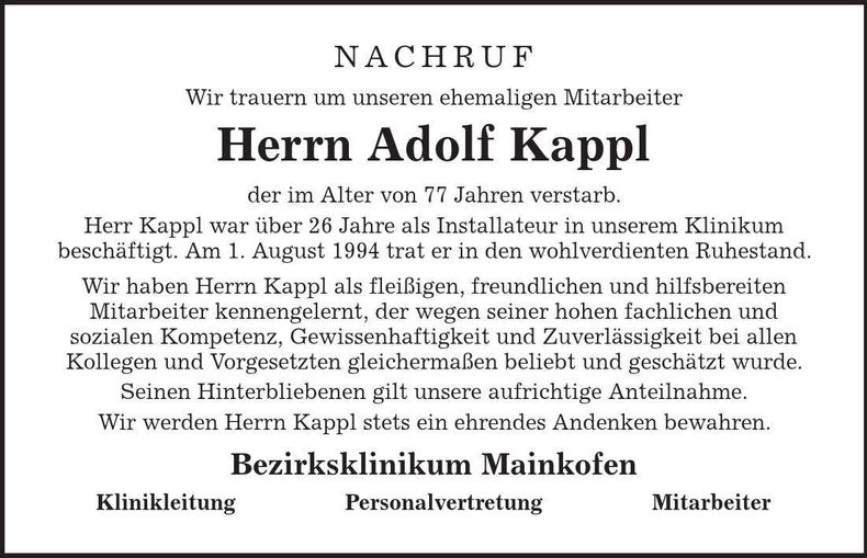 Traueranzeige Adolf Kappl