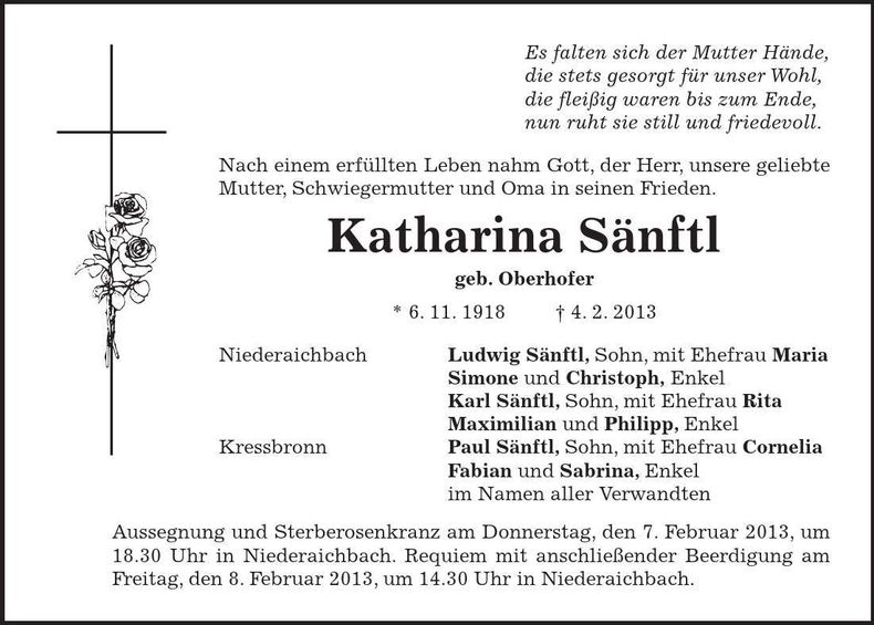 Traueranzeige Katharina Sänftl