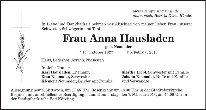 Traueranzeige Anna Hausladen