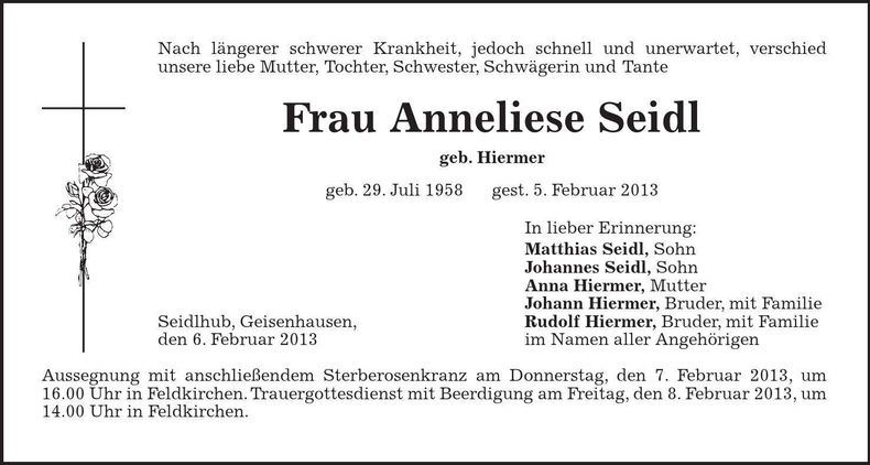 Traueranzeige Anneliese Seidl
