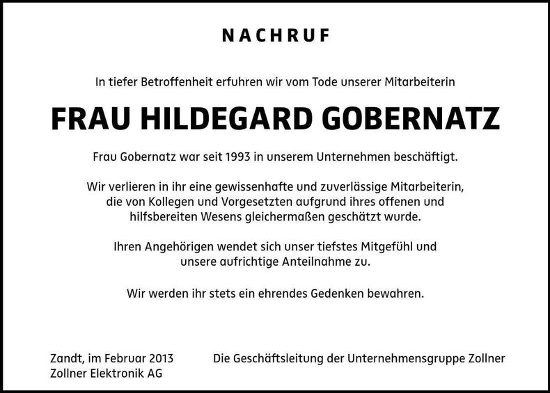 Traueranzeige Hildegard Gobernatz