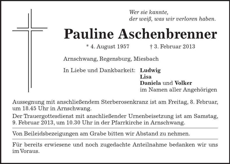 Traueranzeige Pauline Aschenbrenner
