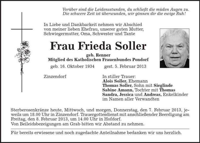 Traueranzeige Frieda Soller