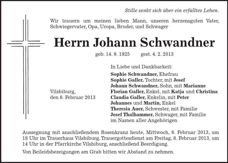 Traueranzeige Johann Schwandner