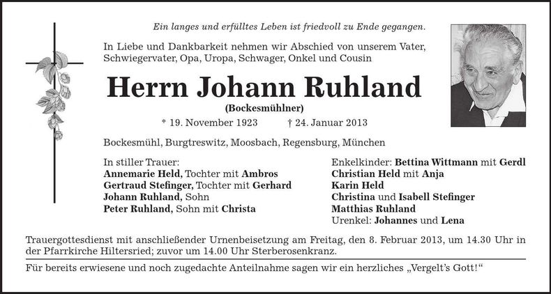 Traueranzeige Johann Ruhland