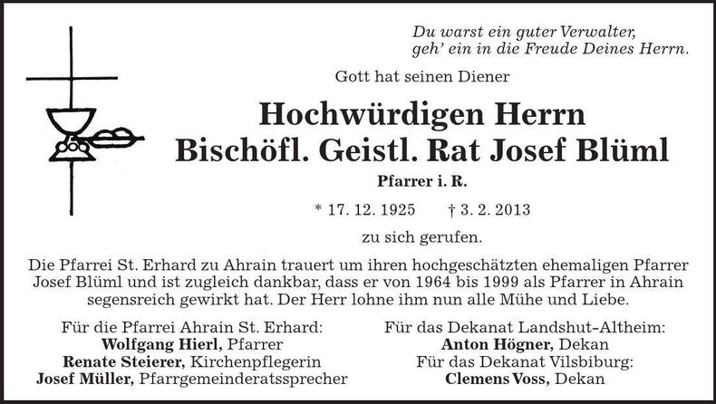 Traueranzeige Josef Blüml